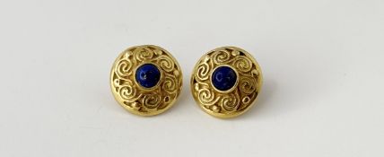 A pair of 9ct gold circular stud earrings set lapis lazuli cabochon within a scrolling border: d.