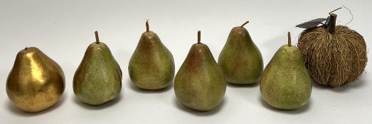 A mixed collection of decorative fruits, comprising a set of five faux pears (h. 16cm), a large gilt