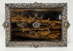A Victorian pierced EPNS and coromandel wood tray with central satinwood inlaid foliate motif (l.