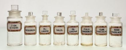 A group of eight clear glass apothocary jars with gilt and gilt verre eglomise labels, in various