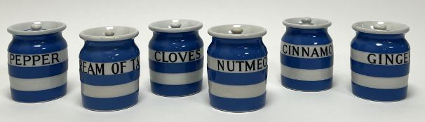 A collection of vintage blue and white striped Cornish Kitchen Ware by TG Green & Co Ltd, green