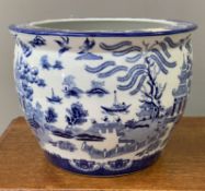 A modern Chinese blue and white fishbowl planter, decorated with temple scenes: H. 27cm D. 36cm