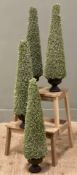 A set of four artificial potted trees, cone-shaped trees in bronze-effect urns: H. 65cm