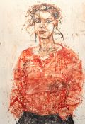 Sarah McLaren (Scottish School) Self Portrait wearing a red top, watercolour, in a glazed gilt