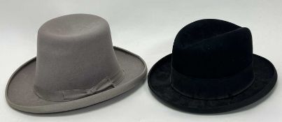 A black felt trilby hat by Tress & Co, London, together with a grey felt hat, size 7 1/4 (a/f to