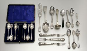 A collection of silver to include a William IV London silver fiddle pattern table spoon, A William