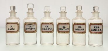 A group of six Victorian clear glass apothocary jars with gilt and gilt verre eglomise labels, in