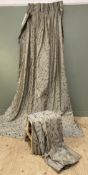 A pair of modern lined curtains, grey fabric with branch and leaf decoration: Drop 296cm Width