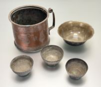 A copper pot, in a persian animal paisley style design (h-17.7cm), a Thai brass bowl, with a