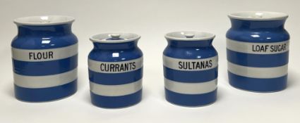A collection of vintage blue and white striped Cornish Kitchen Ware by TG Green & Co Ltd, green