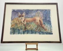 A Scottish Contemporary School, Fox on a wall, watercolour, signed and dated indistinctly bottom