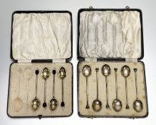 An Edward VIII Birmingham set of six silver gilt seal terminal guilloch fan shell backed coffee