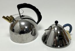 An Alessi Italian retro late 20thc inox whistle kettle with a scalloped black handle over a domed