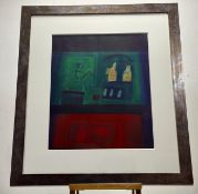 A Contemporay School, Abstract church interior with figures, mixed media, signed and dated 96 bottom