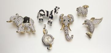 A paste elephant brooch: h. x 4.5cm l. x 6cm together with a kingfisher paste set brooch: H. x