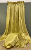 A pair of modern lined curtains, yellow fabric with pencil pleats and white lining: Drop 305cm Width