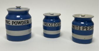 A collection of vintage blue and white striped Cornish Kitchen Ware by TG Green & Co Ltd, green