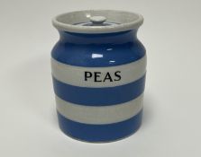 A vintage blue and white striped Cornish Kitchen Ware storage jar by TG Green & Co Ltd with 'PEAS'