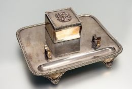 A George V London silver desk inkstandish with square hinged cast top with initials M.B and