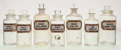 A group of seven Victorian clear glass apothocary jars with gilt and gilt verre eglomise labels,