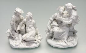 Two Meissen white-glazed figure groups, 19th century, one modelled as a courting couple with a