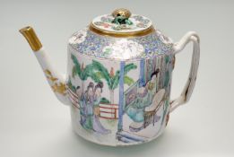 A Chinese Export porcelain famille rose teapot, early 19th century, of cylindrical form and with