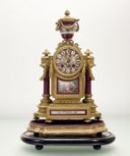 A French late 19th century porcelain-mounted gilt-metal mantel clock, the case by Philippe Mourey