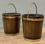 A pair of early 19th century brass-bound coopered mahogany peat buckets, of tapering cylindrical