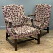 A matched pair of mahogany-framed open armchairs of Gainsborough type, each of characteristic