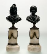French School, 19th century, a pair of patinated bronze desk busts of Voltaire and Rousseau, each