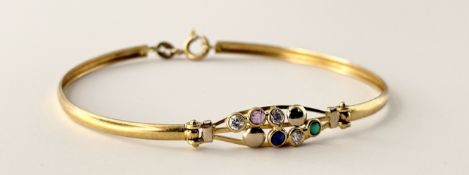 An Italian 18ct gold hinged bangle set with colourless and coloured stones, stamped marks.