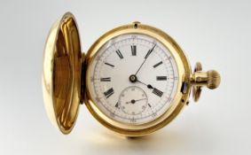 An 18ct gold full hunter keyless wind lever pocket watch, the white enamel dial with Roman numerals,