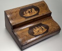 A mid-19th century Sorrento olive wood writing slope, of piano top or double cylinder form, the