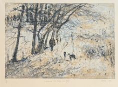 Y Victoria Crowe, O.B.E., R.S.A., R.S.W., A.R.W.S. (b 1946) Landscape with Figure and Dogs, signed