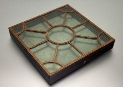 An Edwardian chequered band-inlaid satinwood table top vitrine, rectangular, with hinged astragal-