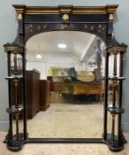An Aesthetic Movement overmantel mirror, c. 1870, ebonised and parcel gilt, with moulded cornice,