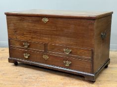 A George III mahogany linen chest, the plain rectangular cover fitted with pierced brass hinges