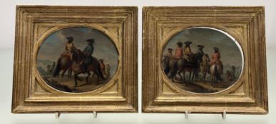 Flemish School, 18th century, Spanish Horsemen, a pair of oils on copper, in giltwood frames. Each