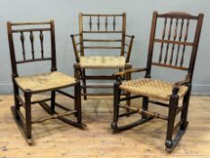 A Sussex style elm open armchair, c. 1900, of characteristic form, with ropework seat; together with