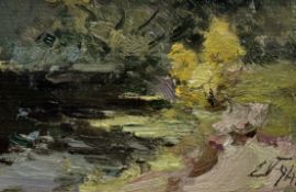 Edgars Vinters (Latvian 1919-2014), Bushes by the stream, oil on board, signed EV and dated 94