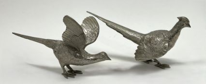 A silver plated cock and hen pheasant with engraved detailed decoration to body and wings (h. 11cm x