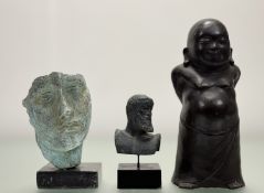 A collection of three figures comprising, a plaster mould of a male face (losses to head) mounted on