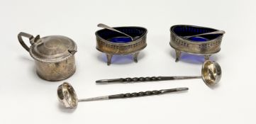 A near pair of George III London 1791 and Edinburgh 1772 silver navette shaped Adam style salt