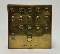 A brass vintage butler-style bell board with 16 bells including 'General Craft Room', 'Life Studio',