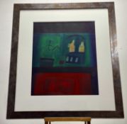 A Contemporay School, Abstract church interior with figures, mixed media, signed and dated 96 bottom