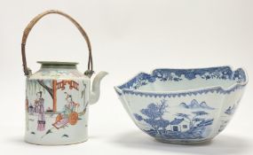 A Chinese Famille Rose ceramic teapot, with garden scene enameled decorated, with cover and straw