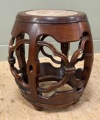 A 20th Century Chinese barrel-form stool, in the Qing-style with inset circular marble top over