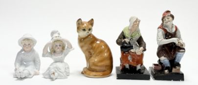 A group of five continetal figures comprising, a pair bisque porcelain figures of seated young