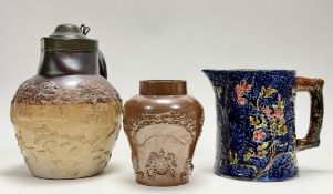 A Stoneware pitcher with epens silver metal lidded cover, decoarted with a hunting scene to body (