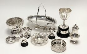 A collection of three small epns two handled, unascribed trophies on stands: h. x 5.cm, a epns tropy